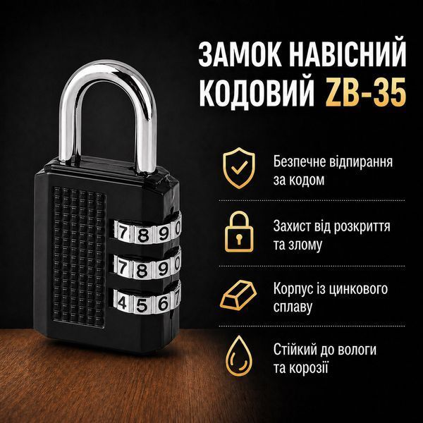 Навісний кодовий замок ZB 35 чорний 0848 фото Навісний кодовий замок ZB 35 чорний 0848 фото