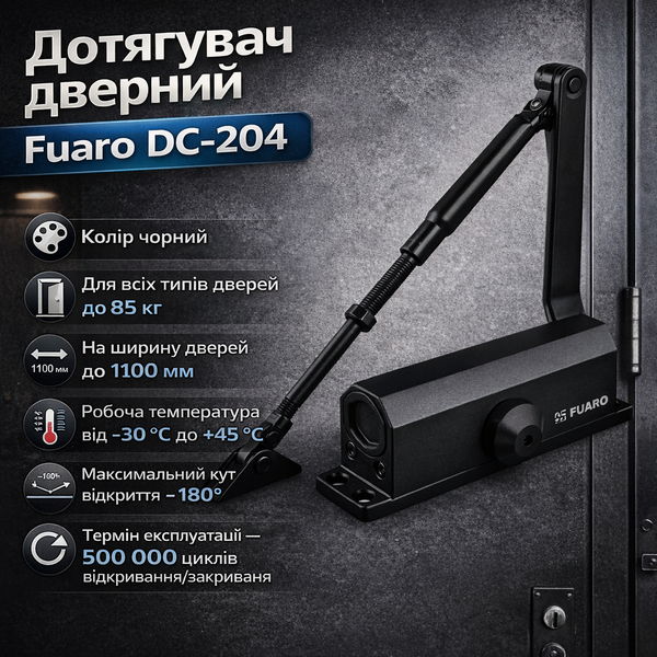 Доводчик двери Fuaro DC-204 до 85 кг черный стандартная тяга 0219 фото Доводчик двери Fuaro DC-204 до 85 кг черный стандартная тяга 0219 фото