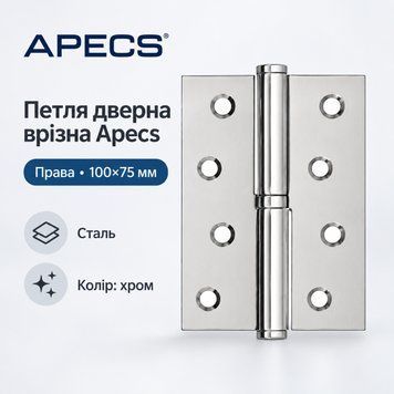 Петля дверна врізна APECS 100 75-B-Steel-CR-R хром права 0625 фото