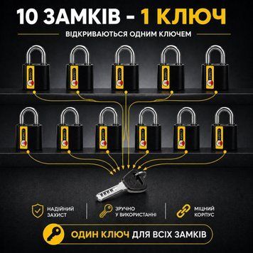 Набір навісних замків 10 замків під 1 ключ ASPECT ЗН-А-55 0832 фото